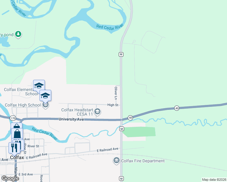 map of restaurants, bars, coffee shops, grocery stores, and more near 816 Oliver Lane in Colfax