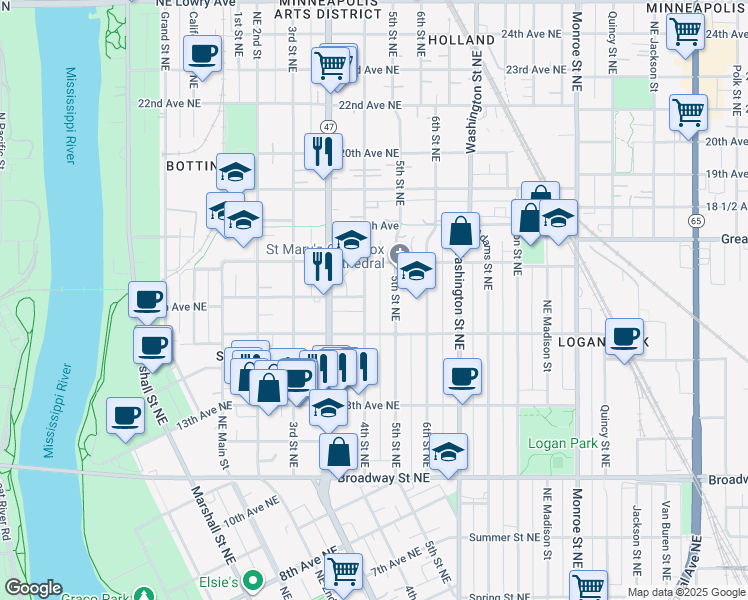 map of restaurants, bars, coffee shops, grocery stores, and more near 1609 4th Street Northeast in Minneapolis