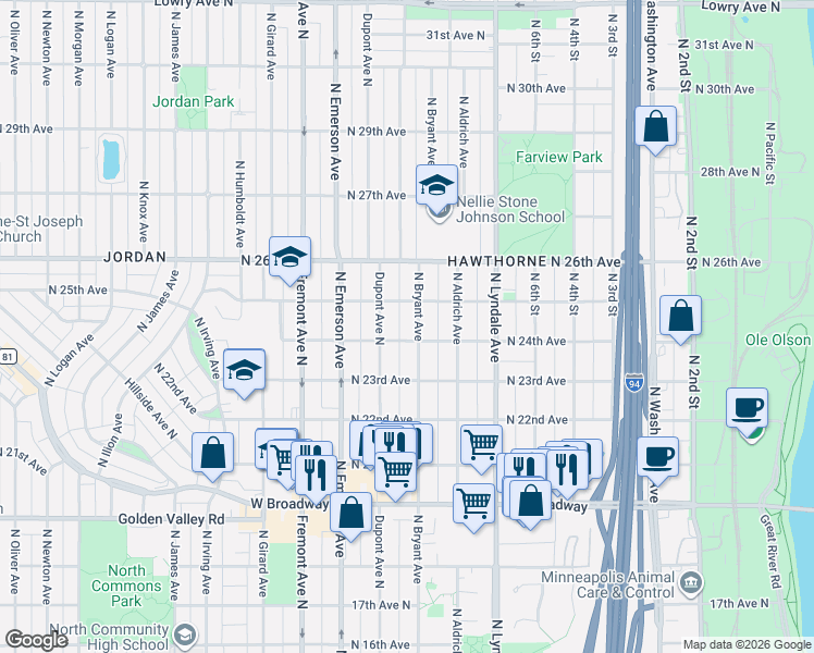 map of restaurants, bars, coffee shops, grocery stores, and more near 2422 North Bryant Avenue in Minneapolis