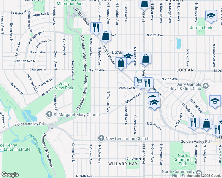 map of restaurants, bars, coffee shops, grocery stores, and more near 2407 North Thomas Avenue in Minneapolis