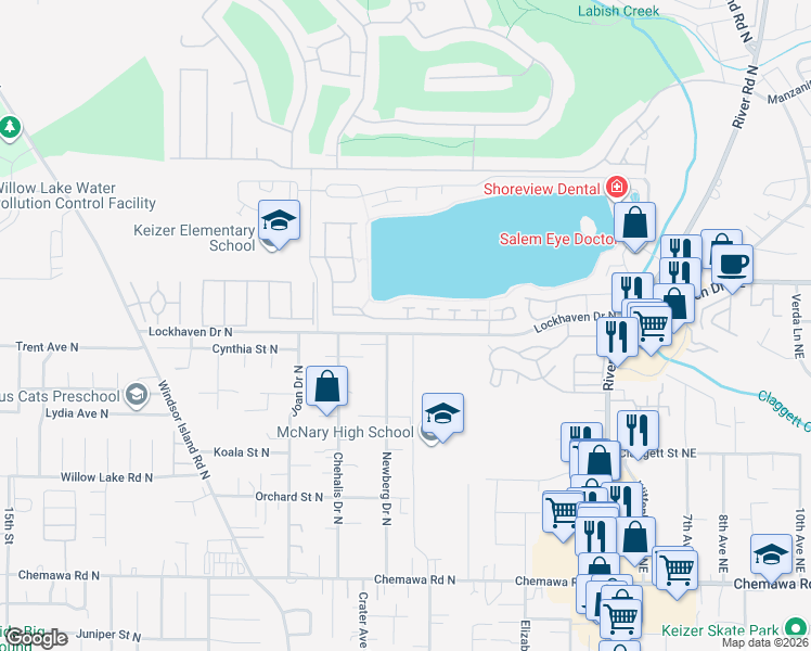 map of restaurants, bars, coffee shops, grocery stores, and more near 672 Lakefair Place North in Keizer