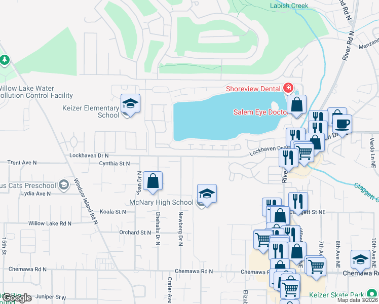 map of restaurants, bars, coffee shops, grocery stores, and more near 672 Lakefair Place North in Keizer