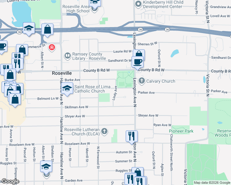map of restaurants, bars, coffee shops, grocery stores, and more near 1148 Eldridge Avenue West in Roseville