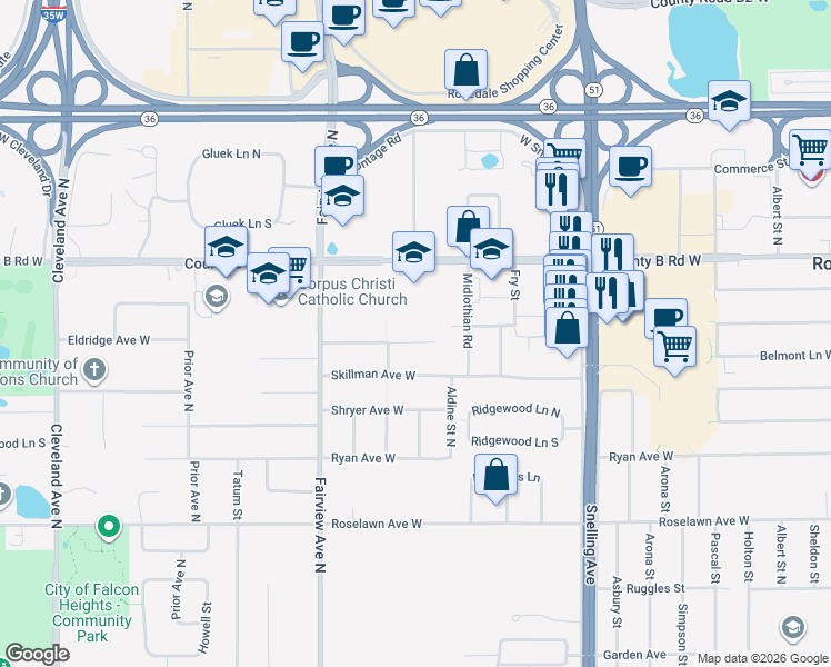 map of restaurants, bars, coffee shops, grocery stores, and more near 1733 Eldridge Avenue West in Roseville