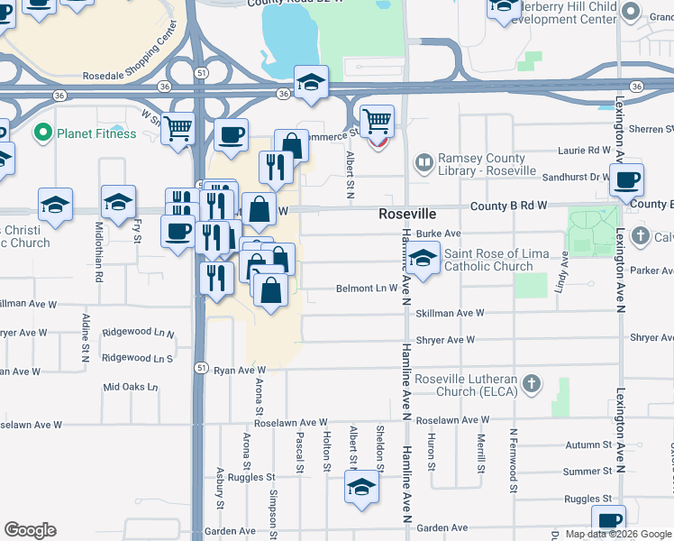 map of restaurants, bars, coffee shops, grocery stores, and more near 1433 Eldridge Avenue West in Roseville