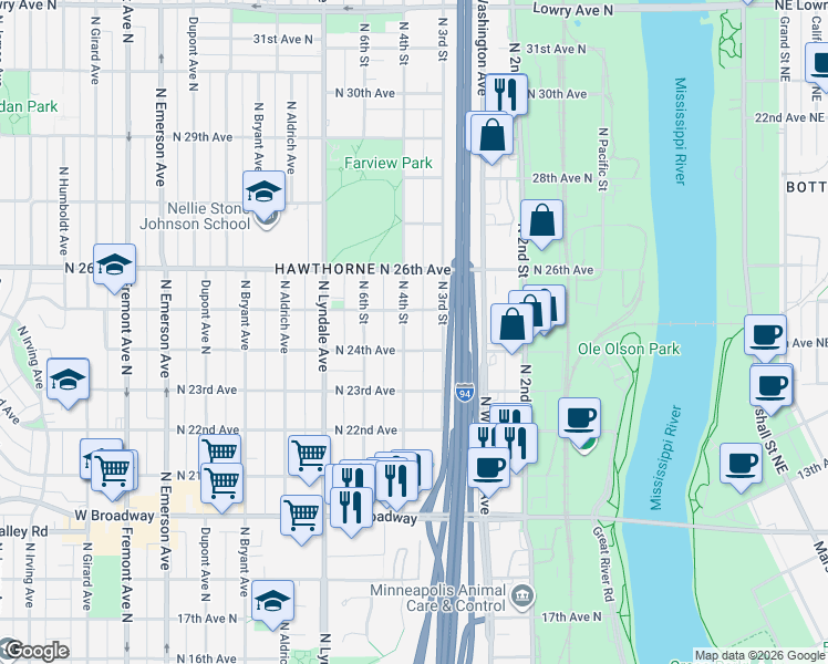 map of restaurants, bars, coffee shops, grocery stores, and more near 2423 North 4th Street in Minneapolis