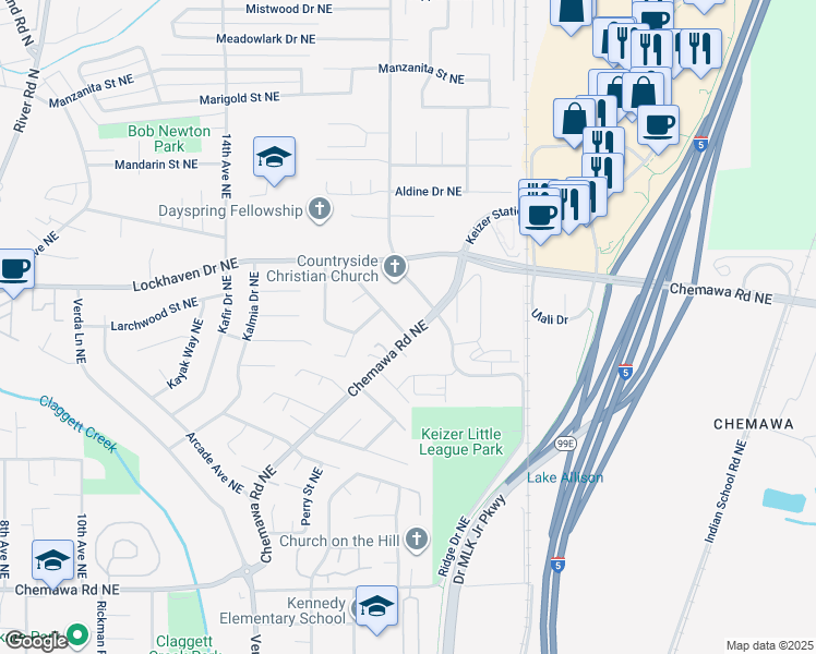 map of restaurants, bars, coffee shops, grocery stores, and more near 2045 Chemawa Road Northeast in Keizer