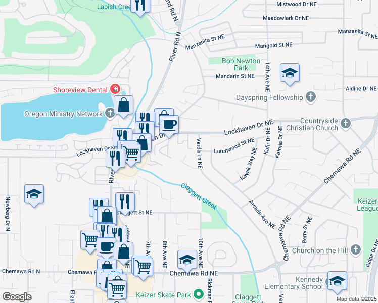 map of restaurants, bars, coffee shops, grocery stores, and more near 5623 Verda Lane Northeast in Keizer