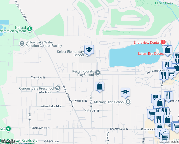 map of restaurants, bars, coffee shops, grocery stores, and more near 97 Wildwood Court North in Keizer