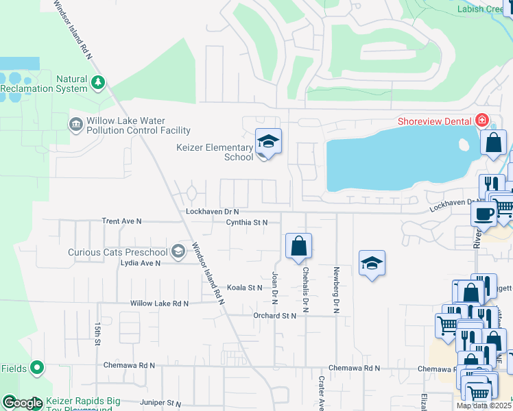 map of restaurants, bars, coffee shops, grocery stores, and more near 68 Wildwood Court North in Keizer