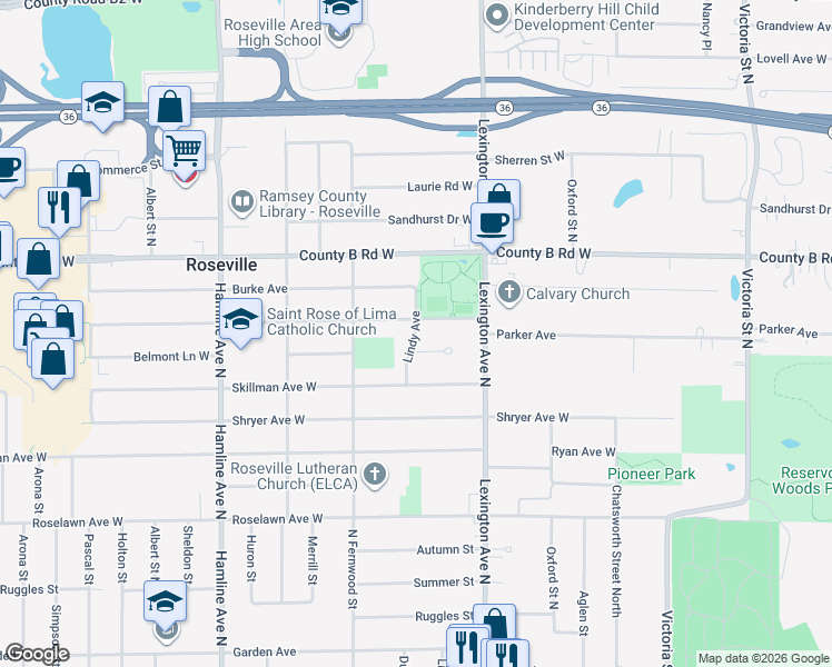 map of restaurants, bars, coffee shops, grocery stores, and more near 1148 Eldridge Avenue West in Roseville