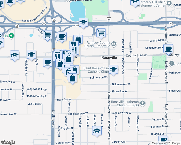 map of restaurants, bars, coffee shops, grocery stores, and more near 1433 Eldridge Avenue West in Roseville