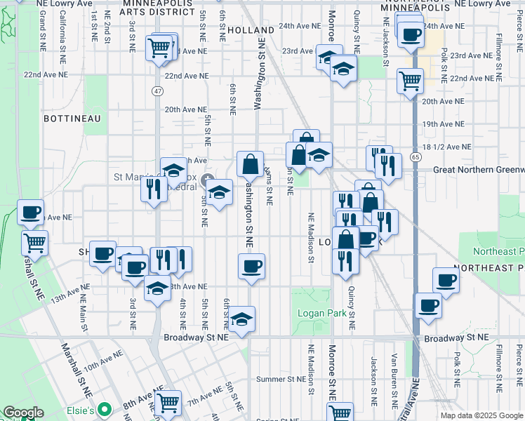 map of restaurants, bars, coffee shops, grocery stores, and more near 1612 Adams Street Northeast in Minneapolis