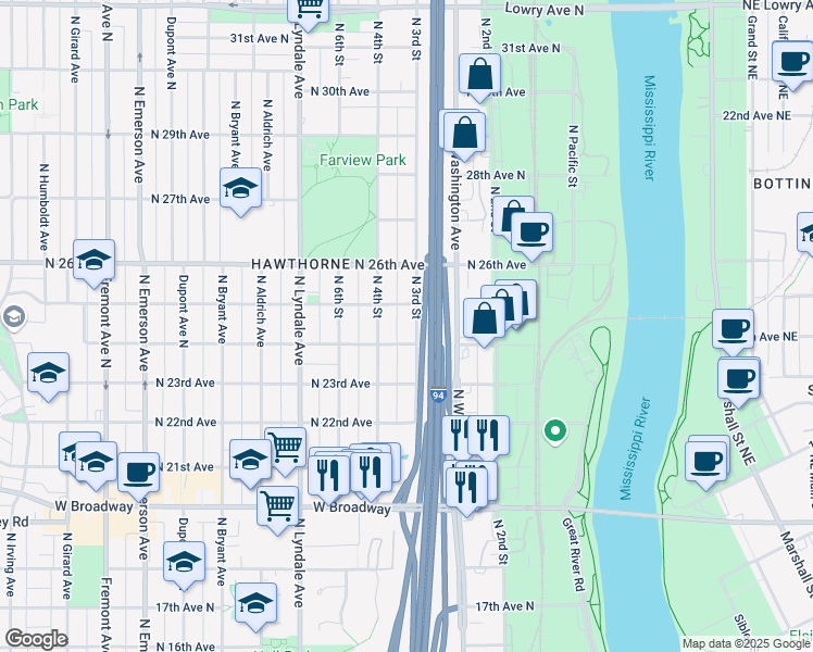 map of restaurants, bars, coffee shops, grocery stores, and more near 2415 North 3rd Street in Minneapolis