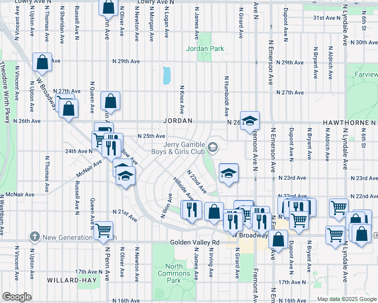 map of restaurants, bars, coffee shops, grocery stores, and more near 2418 North James Avenue in Minneapolis
