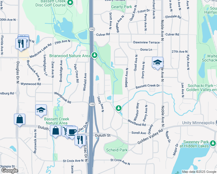 map of restaurants, bars, coffee shops, grocery stores, and more near 2448 Unity Avenue North in Minneapolis