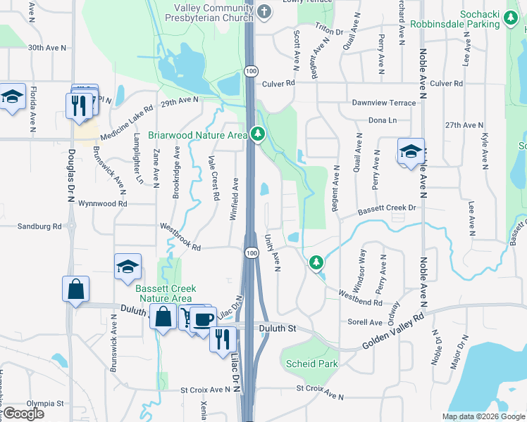 map of restaurants, bars, coffee shops, grocery stores, and more near 2431 Unity Avenue North in Minneapolis