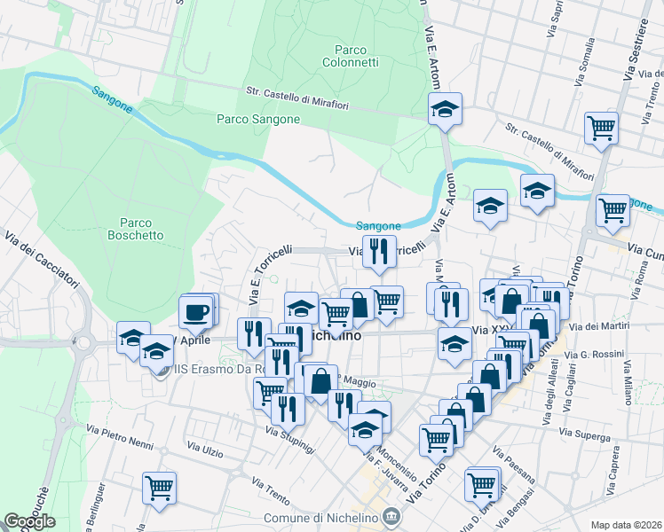 map of restaurants, bars, coffee shops, grocery stores, and more near 3 Via Fratelli Cervi in Nichelino