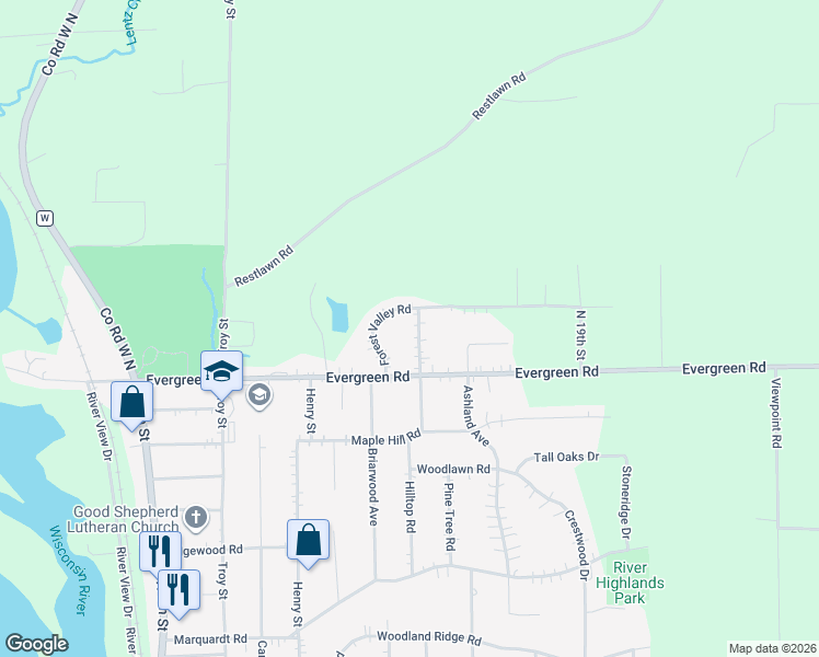 map of restaurants, bars, coffee shops, grocery stores, and more near 4525 Forest Valley Road in Wausau