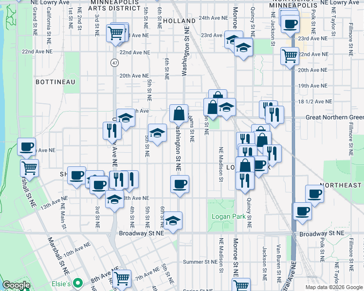 map of restaurants, bars, coffee shops, grocery stores, and more near 1612 Adams Street Northeast in Minneapolis
