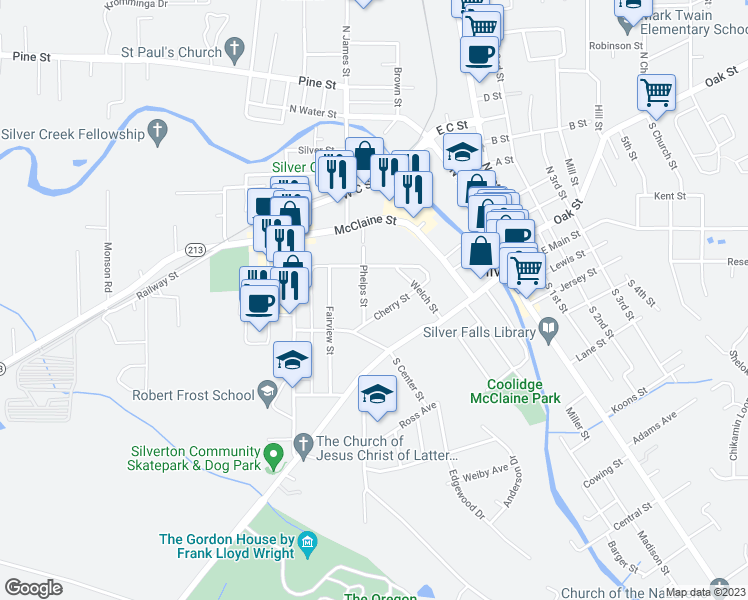 map of restaurants, bars, coffee shops, grocery stores, and more near 220 Phelps Street in Silverton