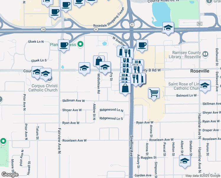 map of restaurants, bars, coffee shops, grocery stores, and more near 1644 Eldridge Avenue West in Roseville
