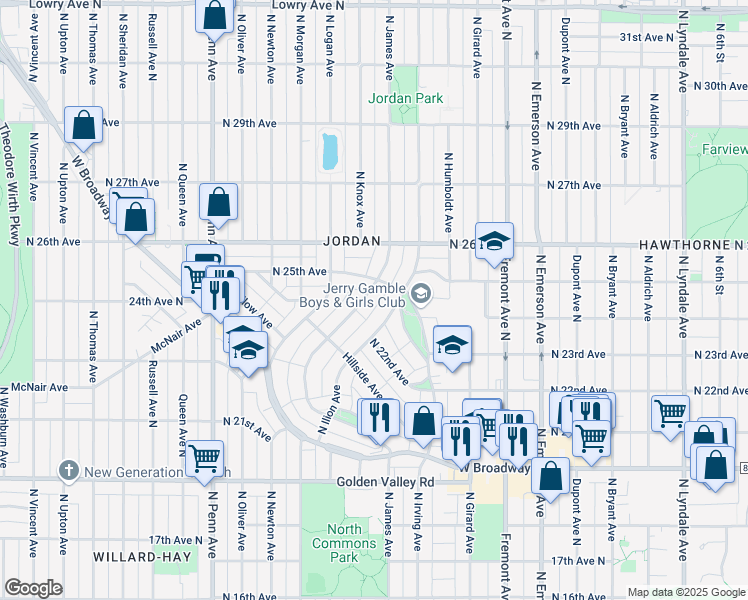 map of restaurants, bars, coffee shops, grocery stores, and more near 2418 North James Avenue in Minneapolis