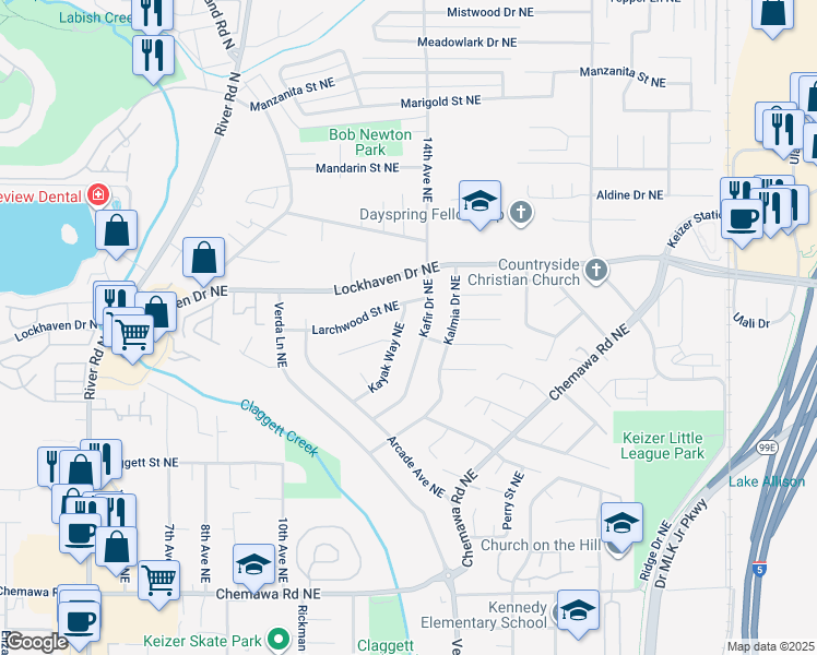 map of restaurants, bars, coffee shops, grocery stores, and more near 5541 Kafir Drive Northeast in Keizer