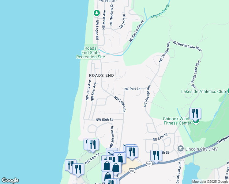 map of restaurants, bars, coffee shops, grocery stores, and more near 5314 Northeast Logan Road in Lincoln City