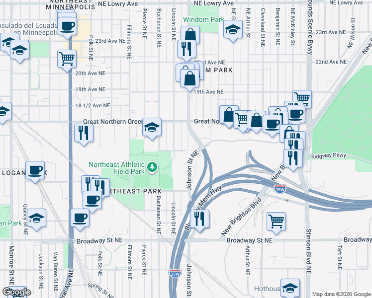 map of restaurants, bars, coffee shops, grocery stores, and more near 1606 16th Avenue Northeast in Minneapolis