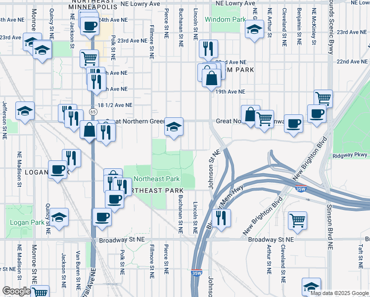 map of restaurants, bars, coffee shops, grocery stores, and more near 1616 Buchanan Street Northeast in Minneapolis