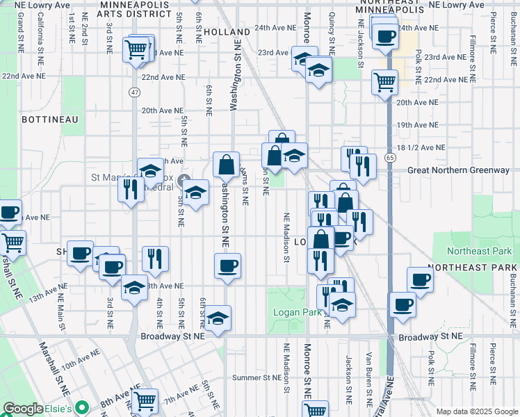 map of restaurants, bars, coffee shops, grocery stores, and more near 1606 Jefferson Street Northeast in Minneapolis