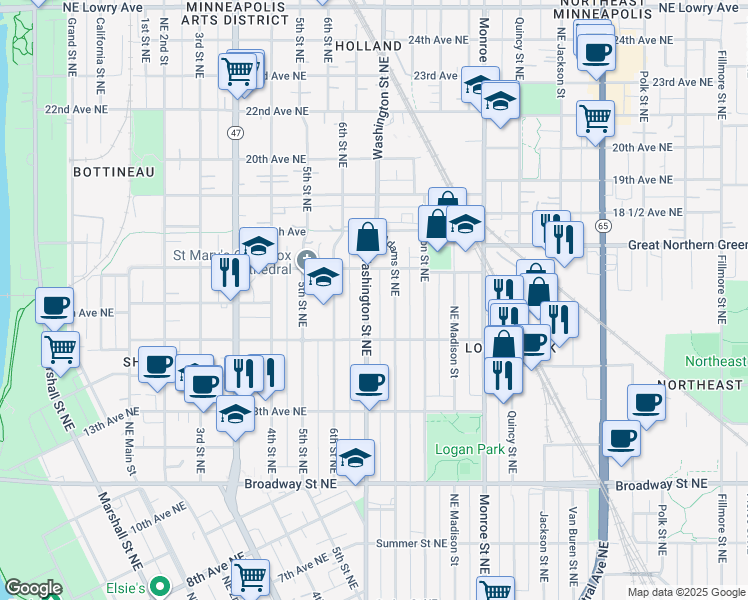 map of restaurants, bars, coffee shops, grocery stores, and more near 1612 Adams Street Northeast in Minneapolis