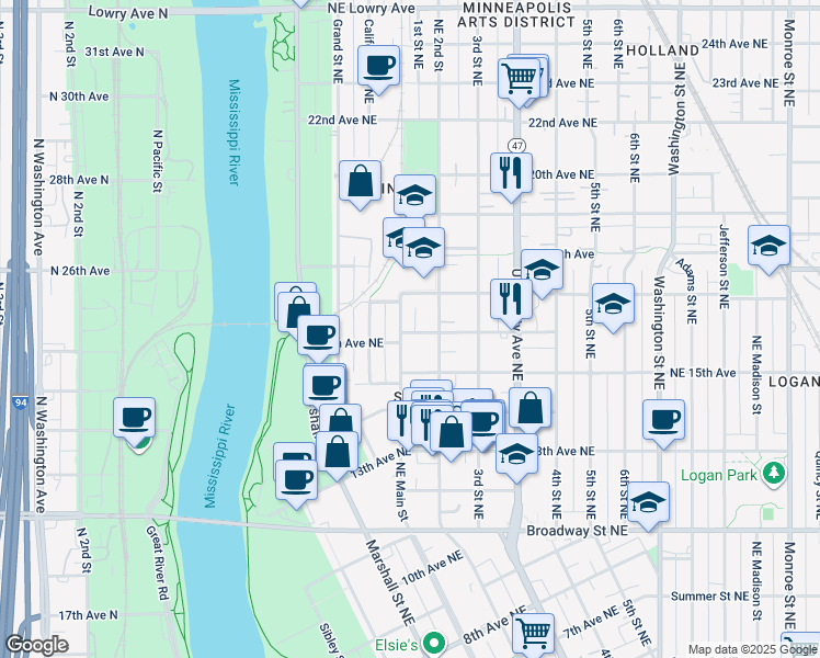 map of restaurants, bars, coffee shops, grocery stores, and more near 141 16th Avenue Northeast in Minneapolis