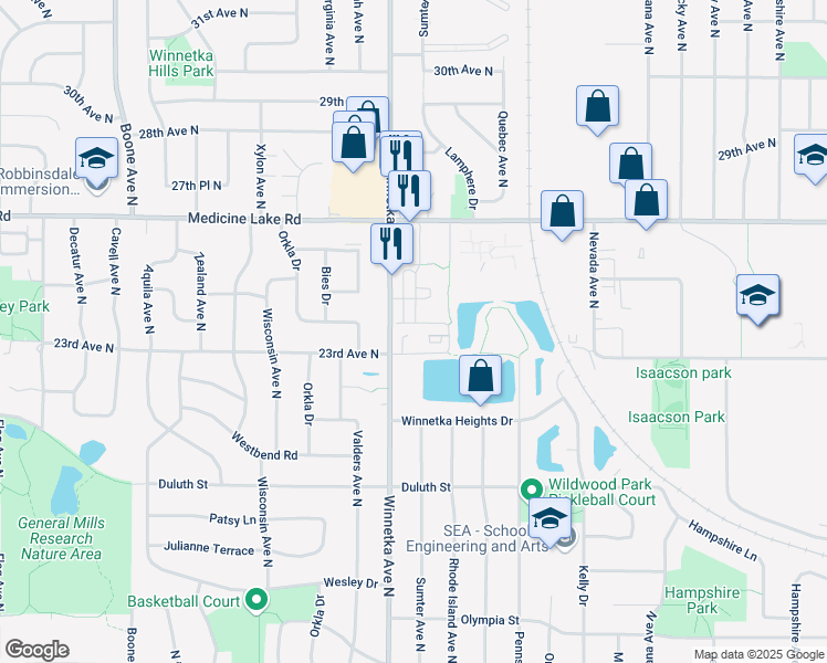 map of restaurants, bars, coffee shops, grocery stores, and more near 2448 Winnetka Avenue North in Golden Valley