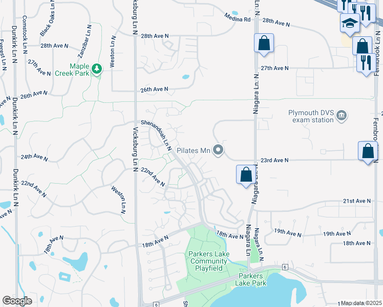 map of restaurants, bars, coffee shops, grocery stores, and more near 2270 Ranchview Lane North in Plymouth