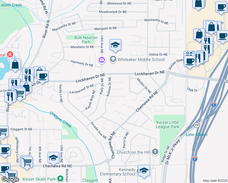 map of restaurants, bars, coffee shops, grocery stores, and more near 1550 Eugene Court Northeast in Keizer