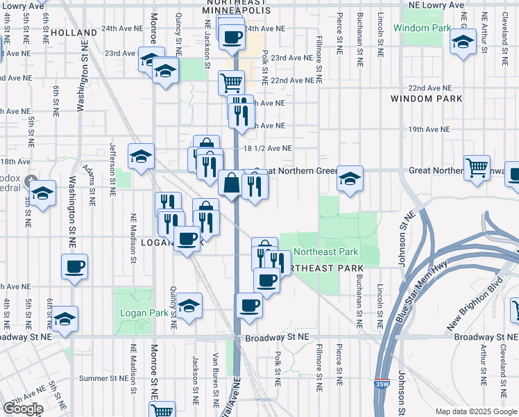 map of restaurants, bars, coffee shops, grocery stores, and more near 1519 Central Avenue Northeast in Minneapolis
