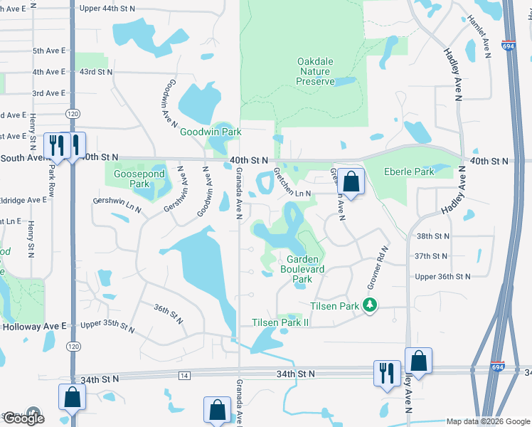map of restaurants, bars, coffee shops, grocery stores, and more near 3872 Granada Way North in Oakdale