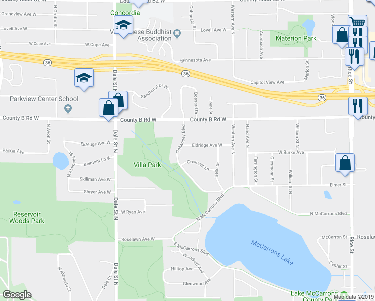 map of restaurants, bars, coffee shops, grocery stores, and more near 476 Eldridge Avenue West in Roseville