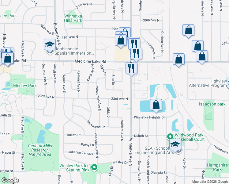 map of restaurants, bars, coffee shops, grocery stores, and more near 8045 Wynnwood Road in Minneapolis