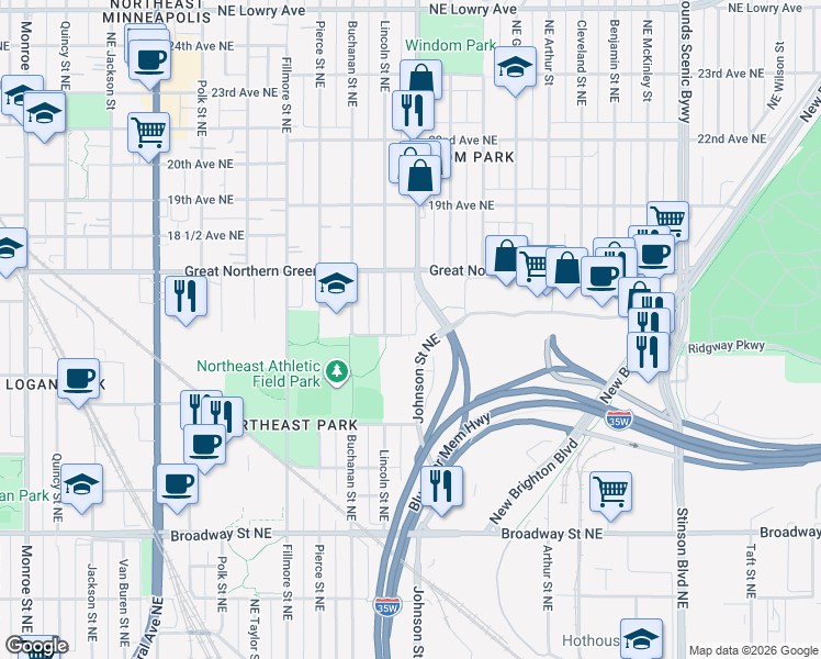map of restaurants, bars, coffee shops, grocery stores, and more near 1606 16th Avenue Northeast in Minneapolis