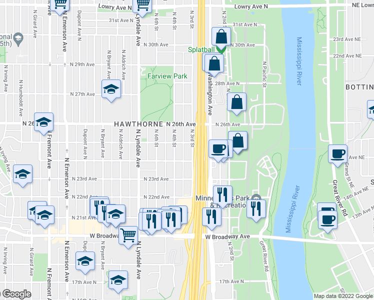 map of restaurants, bars, coffee shops, grocery stores, and more near 2415 North 3rd Street in Minneapolis