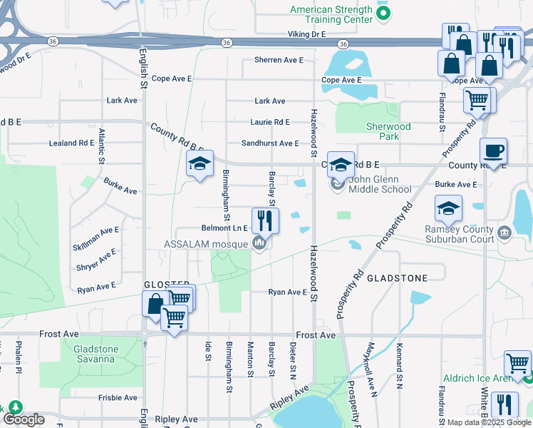 map of restaurants, bars, coffee shops, grocery stores, and more near 1460 Eldridge Avenue East in Maplewood
