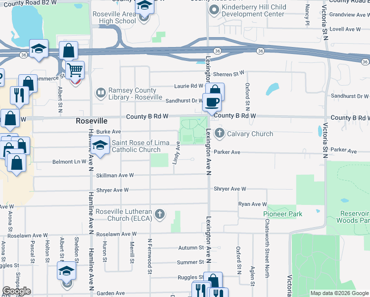 map of restaurants, bars, coffee shops, grocery stores, and more near 1148 Eldridge Avenue West in Roseville
