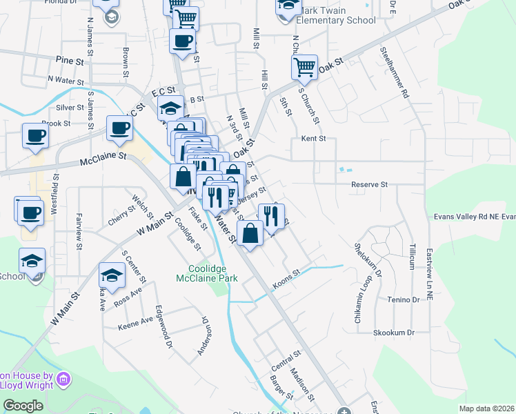 map of restaurants, bars, coffee shops, grocery stores, and more near 315 South 2nd Street in Silverton