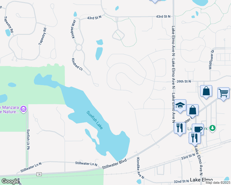 map of restaurants, bars, coffee shops, grocery stores, and more near 3704 Kindred Court in Lake Elmo