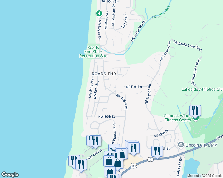 map of restaurants, bars, coffee shops, grocery stores, and more near 5314 Northeast Logan Road in Lincoln City