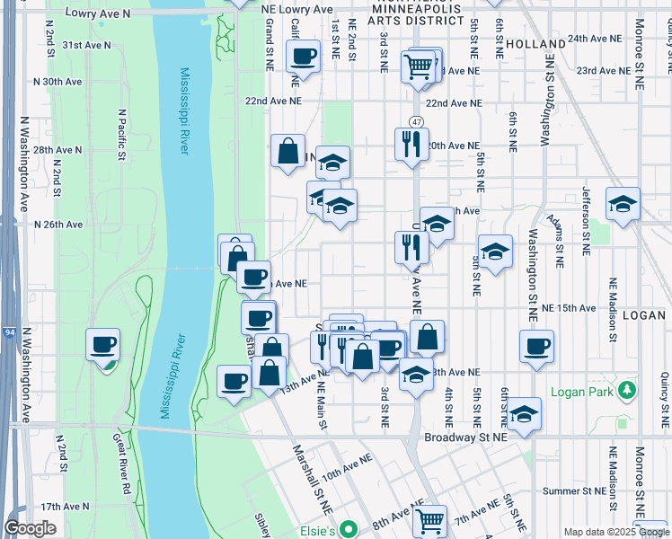 map of restaurants, bars, coffee shops, grocery stores, and more near 141 16th Avenue Northeast in Minneapolis