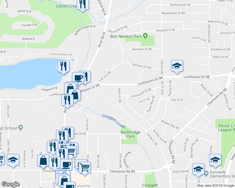 map of restaurants, bars, coffee shops, grocery stores, and more near 5623 Verda Lane Northeast in Keizer